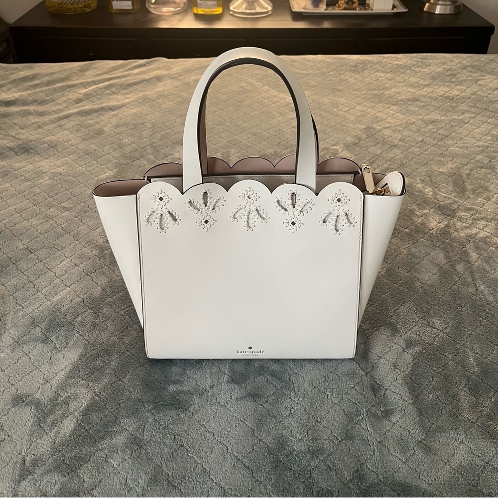 Kate Spade White Leather Scallop Eyelet Satchel Bag with Crossbody Strap